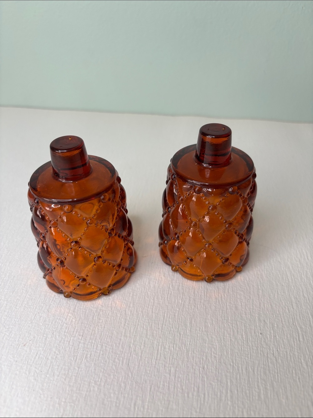 Vintage Amber Glass Votive Candle Cups Quilted Pattern Set of 2